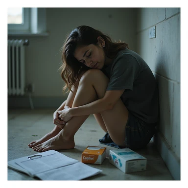 hyperrealistic 4K image of a woman sitting on the bathroom floor, head resting on knees, hot water bottle in arms, medical reports with 'Crohn' and discarded biologic drug box in foreground, visible dark circles sticker