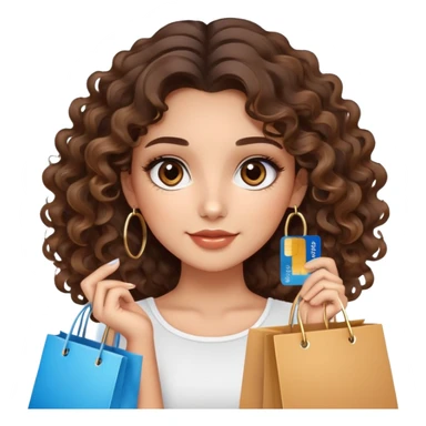 cute girl long brunette balayage curly/wavy not voluminous hair, brown eyes, hoop earrings, natural pretty clean makeup: holding a credit card and lots of shopping bags sticker