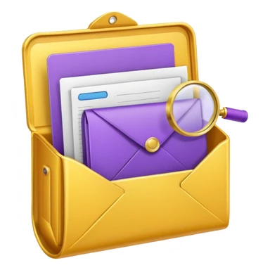 yellow (hex#FFD008) and purple (hex#8C52FF) emojis of a pin, a working case, a folder, a magnifier, an email, an envelope sticker