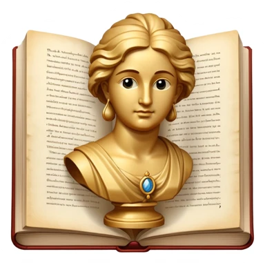 An icon featuring a classical bust, a book, and a question mark, symbolizing philosophy. The design includes a scroll with ancient text, evoking deep thought and intellectual inquiry. Transparent background highlights the search for knowledge and meaning sticker