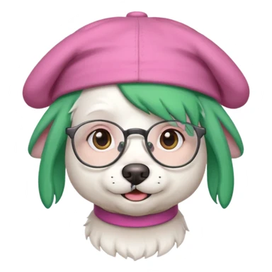 fully white dog, green haired, glassess and a pink hat sticker