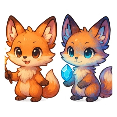 chibi anime style fox duo, both magical, one holding a glowing wand, the other with a floating crystal, cute, colorful, detailed sticker