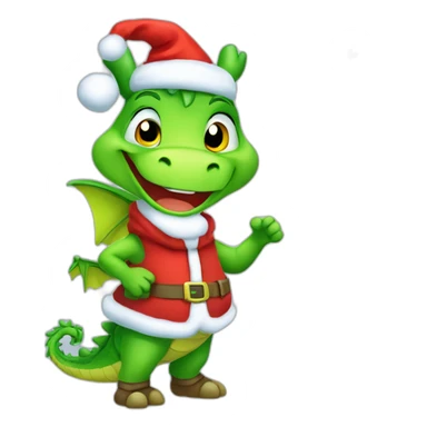 happy little green cartoon dragon of child, in winter, in work pants, in work clothes, in winter boots, in a Santa Claus hat, New Year,  presents sticker