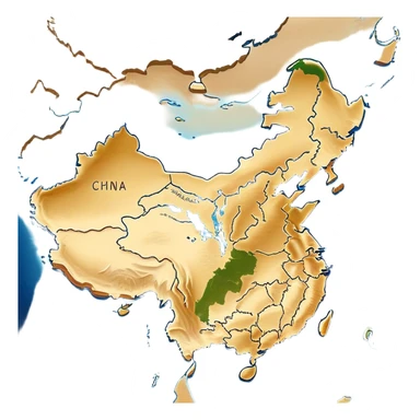Cinematic-realistic outline of china, featuring its distinct landmass with accurately defined coastlines. The deep blue ocean surrounds the golden-brown continent, with subtle topographic shading to highlight its terrain. A soft glowing effect enhances the edges, making the shape stand out against a neutral, textured background. sticker