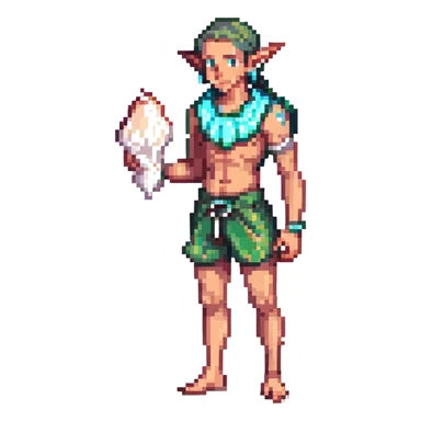 male elf in silver-trimmed swim shorts, holding glowing conch shell. Pointed ears, barefoot. Tropical vibe sticker
