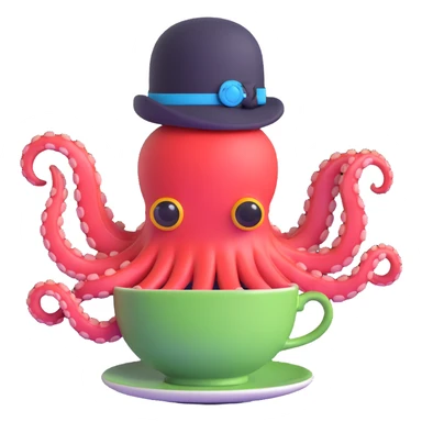 cybernetic octopus wearing a teacup as a hat sticker