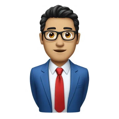 man in blue suit and red tie, black eyes with metallic glasses, black hair sticker