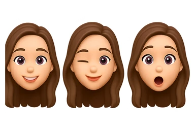 Convert the girl in the image into a set of 3D emoji style emoticons with transparent background, focusing only on the face and simple expressions. Microsoft style 3D fluent emojis do not support text, so keep the expressions concise and clear. sticker