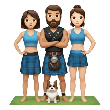 emoji of brunette man with beard wearing kilt, brunette woman in yoga outfit and one white fluffy dog sticker