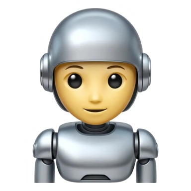 A cute futuristic robot emoji made of silver chrome, rounded friendly body, minimal facial features, glossy metallic surface, soft reflections, iOS emoji style, centered, clean white background sticker