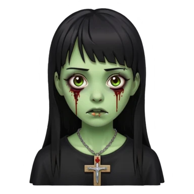 Zumbi verde com olhos castanhos aspecto de que tá sangrando, uma franja reta com cabelo preto um piercing do lado esquerdo do nariz, roupa preta e crucifixo como colar, e também delineador sticker