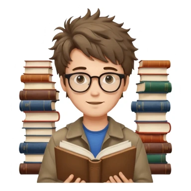 generate an ios genmoji of a fair 20 year guy with faint beard, spectacles, messy hair, books in hand sticker
