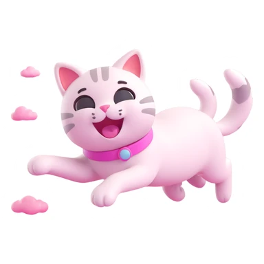 playful cat gliding among pink clouds, 3D emoji style sticker