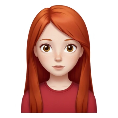 Girl with long straight red hair and dark brown almond eyes and freckles, pale skin, cute red top sticker
