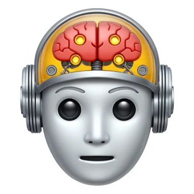 Emoji stylisé d'un cerveau robotique avec un circuit imprimé visible et un petit halo lumineux au-dessus, fond blanc sticker