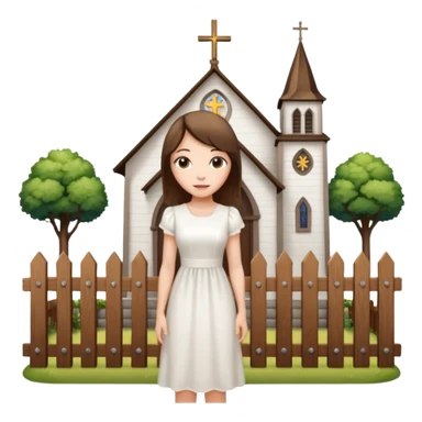 woman next to a church, surrounded by a fence sticker
