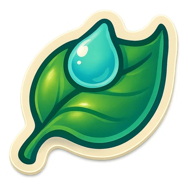 leaf with a drop of water, symbol of harmony and restoration, retro sticker style, clear contours, shadows and highlights, psychosomatic theme sticker