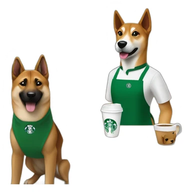 Malinois dog and shiba working at Starbucks with green apron sticker