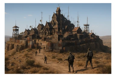 A small hilltop mesa city in the videogame dayz, screensot, based on whiterun but with modern DayZ architecture  sticker