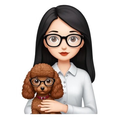 A beautiful girl with fair skin has long straight black hair with glasses and a miniature reddish-brown Poodle. sticker