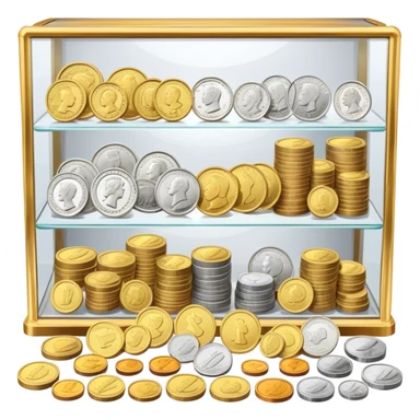 Icon for Coin Collecting: a collection of various vintage and modern coins, neatly arranged in a display case or on a table. The icon should highlight the diversity and historical value of coin collecting. Transparent background. sticker