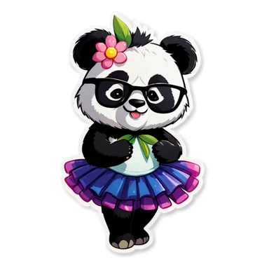 Panda wearing a tutu and glasses with a flower above 1 ear sticker