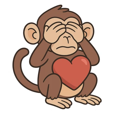 flat toon style see no evil monkey holding a heart sticker