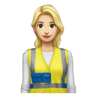 Ikea coworker blond woman blue stripes blue t-shirt and yellow security vest scanning palets sticker