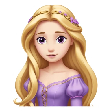 Cinematic Elegant Rapunzel Portrait Emoji, rendered in a realistic, vector-style with minimal shading and bold, simplified shapes. Depict Rapunzel (chest and above) with fair, porcelain skin, long, flowing golden hair cascading gracefully, and soft, gentle eyes, wearing her iconic light purple gown. The image glows with a soft, enchanting radiance and high shine, capturing timeless fairy-tale beauty. sticker