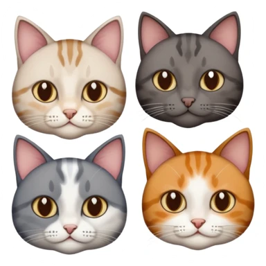 4 different coloured short haired cats including; a dark brown tabby and white cat, and a dark grey and white  sticker