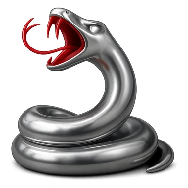 Update the chrome snake so the tongue is light red, the inside of the mouth is a darker red, and the teeth are red, matching the color scheme in the provided reference images. Keep the glowing white eyes and shiny metallic look. sticker