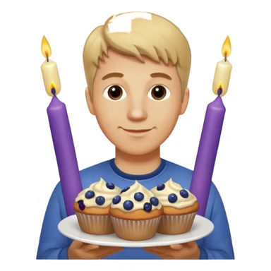 It is my friend virginias birthday. Create emoji with me saying happy birthday Virginia while holding blueberry muffins with candles in them! I am a white man make the emoji with dirty blonde hair  sticker