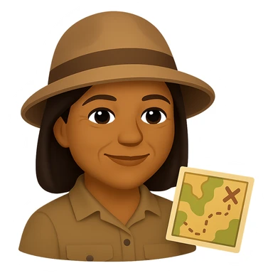 Reduce wrinkles on the face, keeping only a few light wrinkles around the eye corners and mouth to make her look about 55 years old. Maintain the emoji style look with brown skin, an archaeological hat, and a small map beside her. Keep the background transparent. The original style is emoji, but since emoji style does not support editing, use the general style editor while preserving the emoji style appearance. sticker