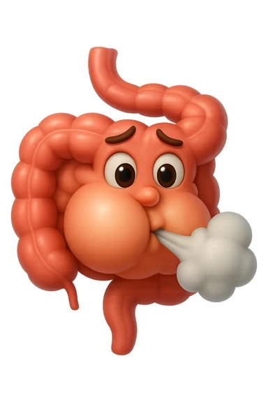 emoji stile iphone di un intestino che ingoia una nuvoletta di aria ben visibile e gli si gonfia la pancia, non fargli il naso, iperrealistico 4k sticker