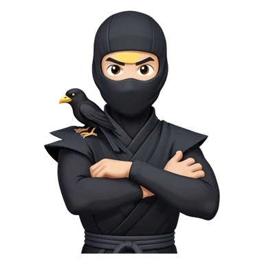 clash-of-clans-aesthetic_-cinematic-mysterious-male-ninja-portrait-emoji, rendered in a flat, vector-style with minimal shading and bold, simplified shapes, his arm is stretched out  with a head slightly turned revealing intense, focused eyes. the ninja has his arm out and perched on top of his forearm is  a black crow sticker