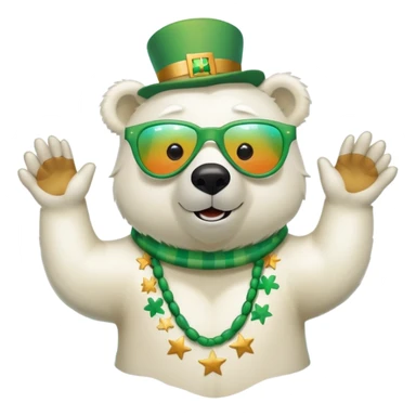 friendly anthropomorphised polar bear wearing oversized colorful star glasses and festive St. Patrick's Day outfit, swimming freestyle with joyful expression sticker
