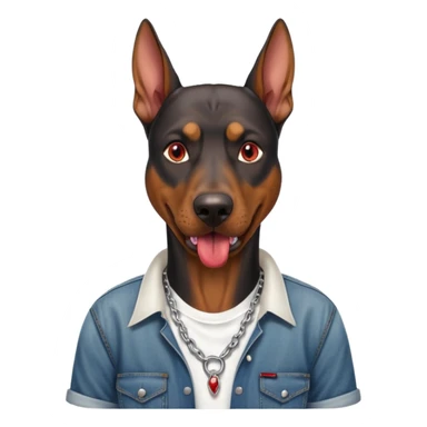 Generate a emoji of a big evil doberman dog with red eyes and a tongue sticking out, give the doberman a human body with a white shirt and baggy jeans, make the doberman have ear piercings and a septum ring sticker