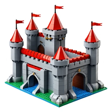 A photorealistic icon featuring a large medieval castle built from LEGO bricks, with detailed textures of the bricks, turrets, and drawbridge. The design captures the creativity and intricacy of LEGO construction with vibrant colors and realistic lighting. Transparent background sticker