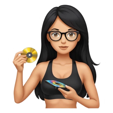 wearing glasses, long black hair tanned woman, black sports bra, sexy, hot, data analysis, holding a cd   sticker