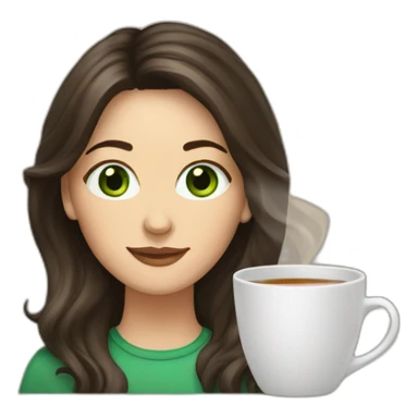White woman with long dark brown hair with highlights, green eyes and a big mug of tea sticker