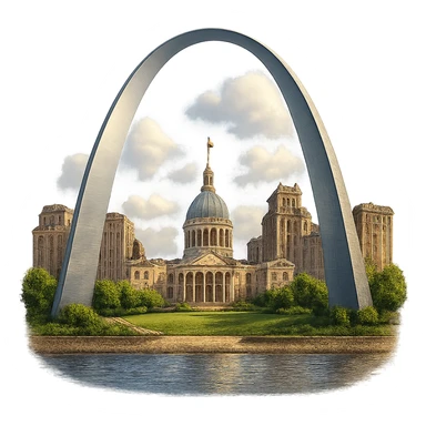 cinematic, realistic emoji of the St. Louis Gateway Arch, Gateway Park, and the shore of the Mississippi River, featuring majestic, ornate architecture, lifelike detail, bright lighting, and accurate colors, transparent background sticker