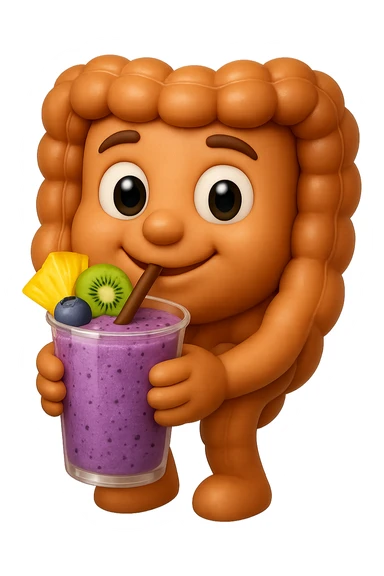 EMOJI STILE IPHONE DI un intestino umano anatomico che beve un frullato di mirtilli, ananas, kiwi, fagli anche la parte bianca degli occhi, non solo le pupille, REALISTICo 4K sticker