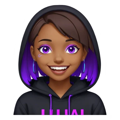 brown haired girl with a bob and blue eyes wearing black hoody with violet letters "Lu", laughs. Cyberpunk style. Violet neon. sticker
