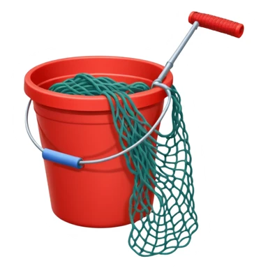 A small red bucket with a fishing net leaning against it.
 sticker