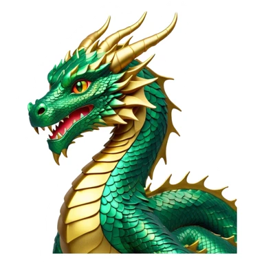 Cinematic Noble Dragon Portrait Emoji, Poised and majestic, with a sinuous, elongated body covered in intricately detailed, shimmering scales in hues of emerald and gold, and piercing, fiery eyes that reflect ancient wisdom; rendered with lifelike texture and natural highlights, high shine, intelligent and formidable, styled with an aura of mythic power, focused and attentive, soft glowing outline, capturing the essence of a legendary dragon that appears ready to soar out of the screen with timeless authority! sticker