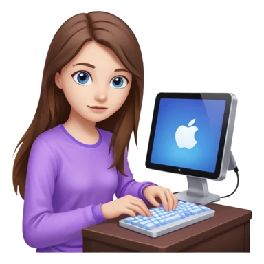 beautiful girl with long brown hair, blue eyes and wearing light purple clothes playing computer games sticker