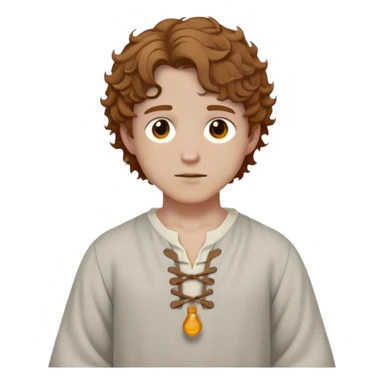 Medieval spring outfit worn by a DnD themed fantasy male character. Pale gray linen tunic with gathered sleeves, adorned with wooden toggle buttons at the collar. Clothes only above the waist, full waist coverage. The character has no arms. Character is white-skinned with honey-brown hair, amber eyes, and short curly hair that frames the face. sticker