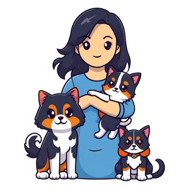 woman with long black hair holding an American Shorthair cat and a Cavalier King Charles Spaniel dog sticker