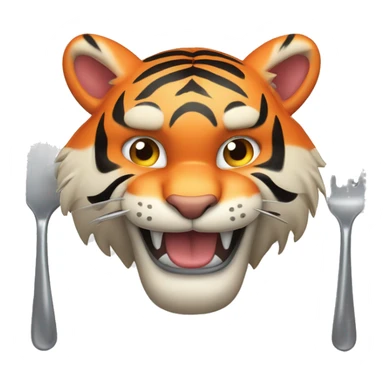 a muscular grinning tiger holding a fork poking into a fillet of salmon with the tip of its paws sticker