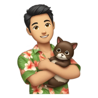 Young Asian man in Hawaiian shirt holding a tanuki cat in his arms sticker
